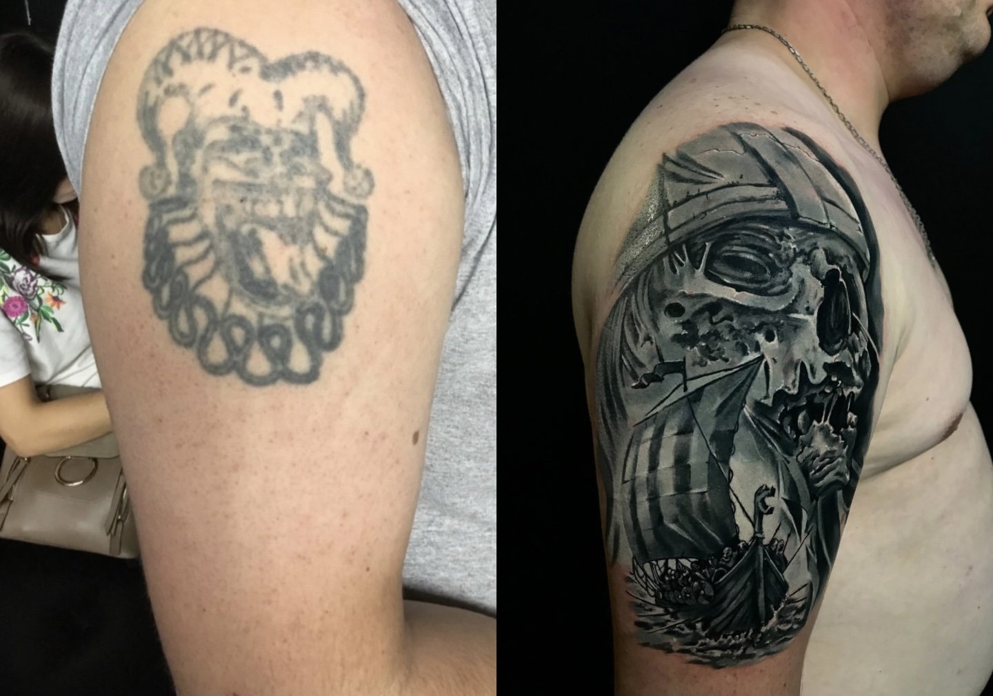 Cover-up tattoo before and after by Eugene Serdiuk